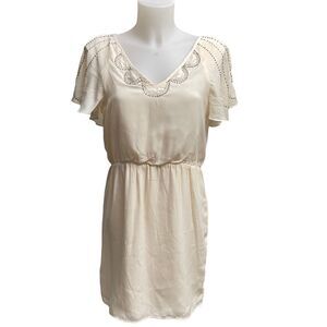PARAELLA for Francesca’s maxi short dress, beaded‎ neckline in ivory satin sz M